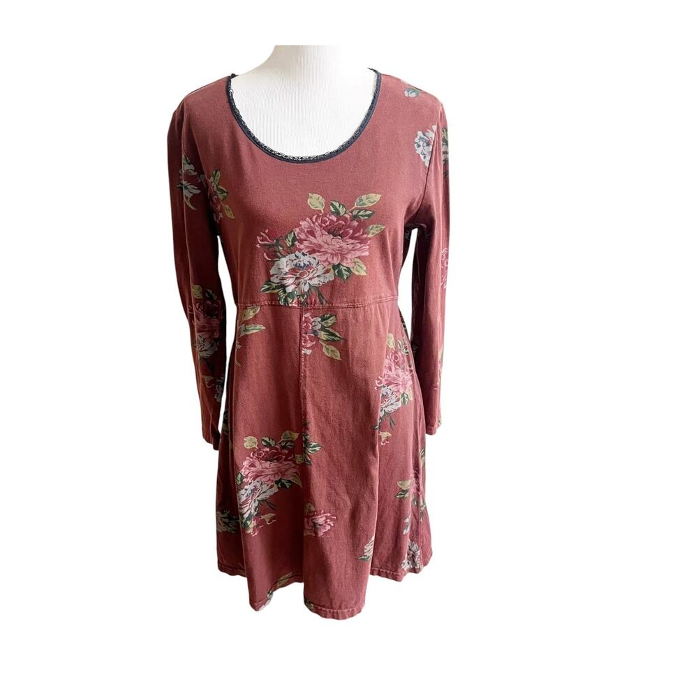Stamp Skater Dress Womens Brown Floral Long Sleeve Scoop Neck Romantic Prairie M